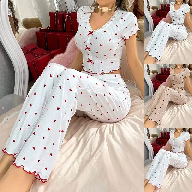 European American Style Popular Women's Homewear Outfit Heart Pajamas Elastic Waist Summer Breathable Wearable Long Pants - Zeprah