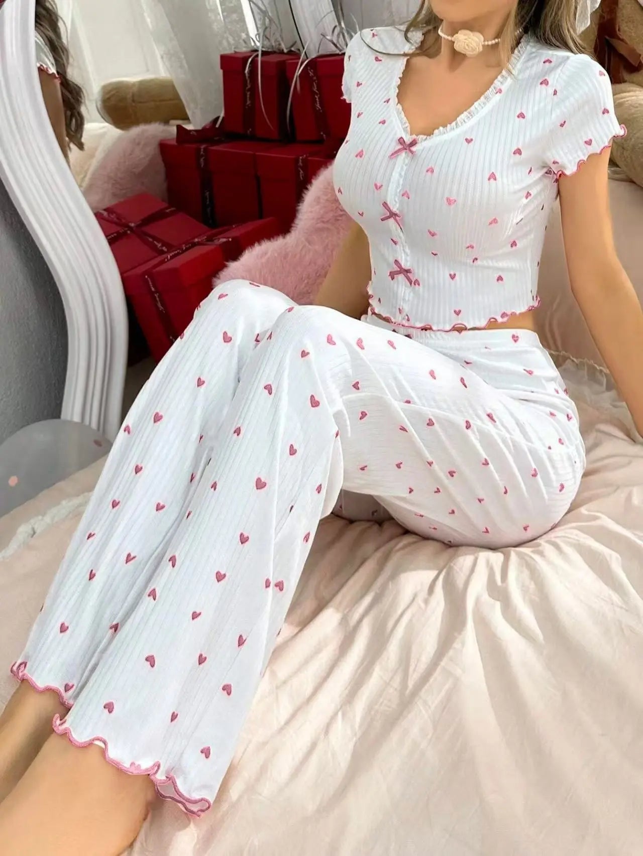 European American Style Popular Women's Homewear Outfit Heart Pajamas Elastic Waist Summer Breathable Wearable Long Pants - Zeprah
