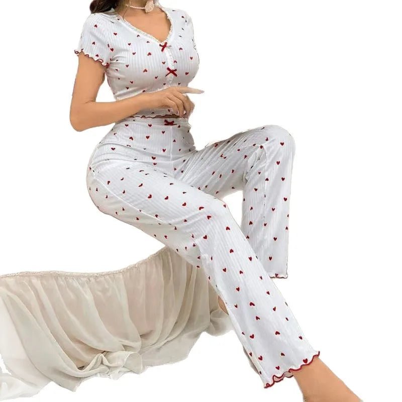 European American Style Popular Women's Homewear Outfit Heart Pajamas Elastic Waist Summer Breathable Wearable Long Pants - Zeprah