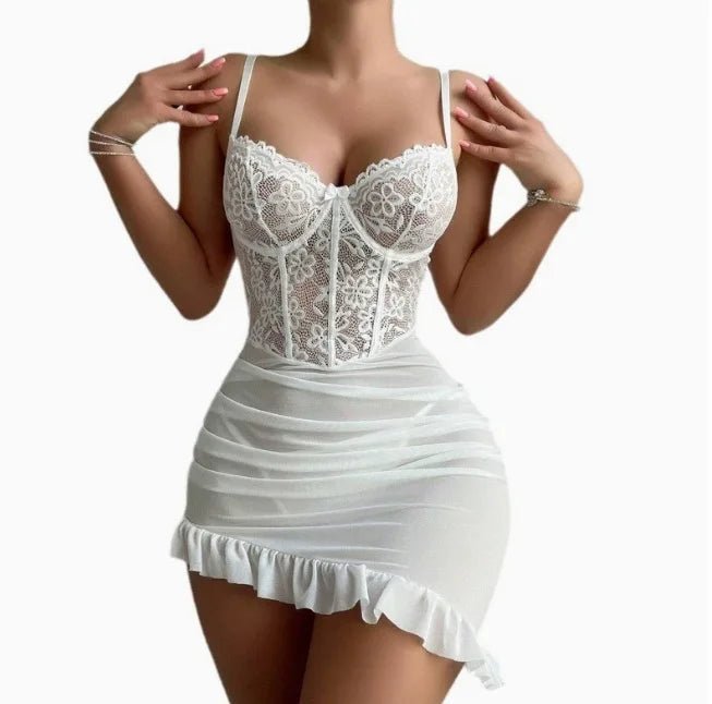 European American Style Set Mesh Nightgown Sexy Push - up Steel Ring See - through Lace Trim Strappy - Zeprah