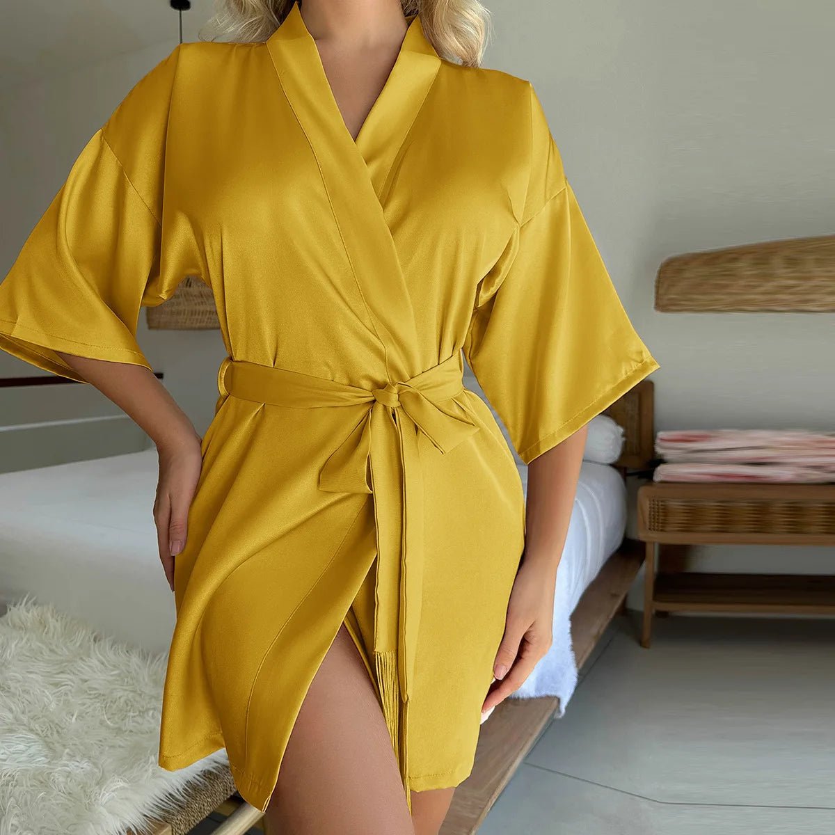 European American Style Summer Bathrobe for Women Elastic Waist Satin Nightgown Tassels Short Cardigan Front Sexy Half Sleeves - Zeprah
