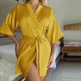 European American Style Summer Bathrobe for Women Elastic Waist Satin Nightgown Tassels Short Cardigan Front Sexy Half Sleeves - Zeprah