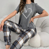 European American Style Women's Comfortable Breathable Homewear Heart Print Pajama Set Elastic Waist Short Sleeve Top Long Pants - Zeprah