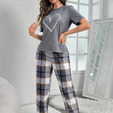 European American Style Women's Comfortable Breathable Homewear Heart Print Pajama Set Elastic Waist Short Sleeve Top Long Pants - Zeprah