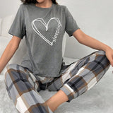 European American Style Women's Comfortable Breathable Homewear Heart Print Pajama Set Elastic Waist Short Sleeve Top Long Pants - Zeprah