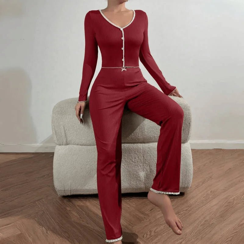 European American Style Women's Loungewear Pajamas Long - Sleeved Long Pants Slim Sexy Solid - Zeprah