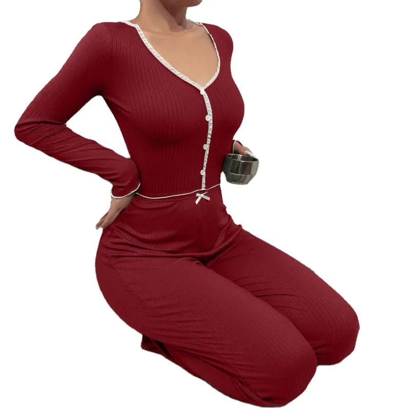 European American Style Women's Loungewear Pajamas Long - Sleeved Long Pants Slim Sexy Solid - Zeprah