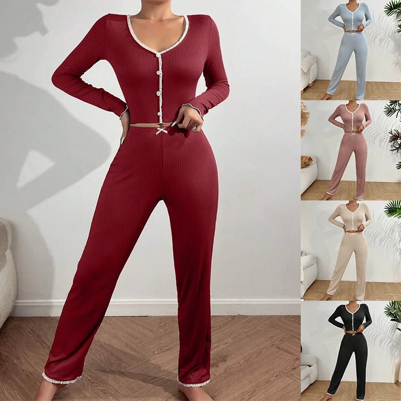 European American Style Women's Loungewear Pajamas Long - Sleeved Long Pants Slim Sexy Solid - Zeprah