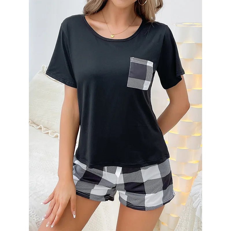 European American Style Women's Pullover Short - Sleeve Plaid Pocket Plaid Shorts Elastic Waist Summer Two - Piece Loungewear Set - Zeprah