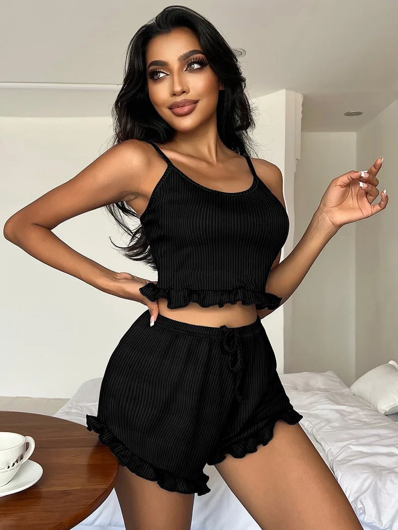 European American Style Women's Sexy Ribbed Backless Cross - Strap Breathable Summer Camisole Fashion Shorts Set Women's Pajamas - Zeprah