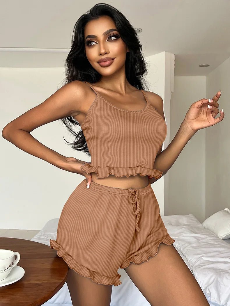 European American Style Women's Sexy Ribbed Backless Cross - Strap Breathable Summer Camisole Fashion Shorts Set Women's Pajamas - Zeprah