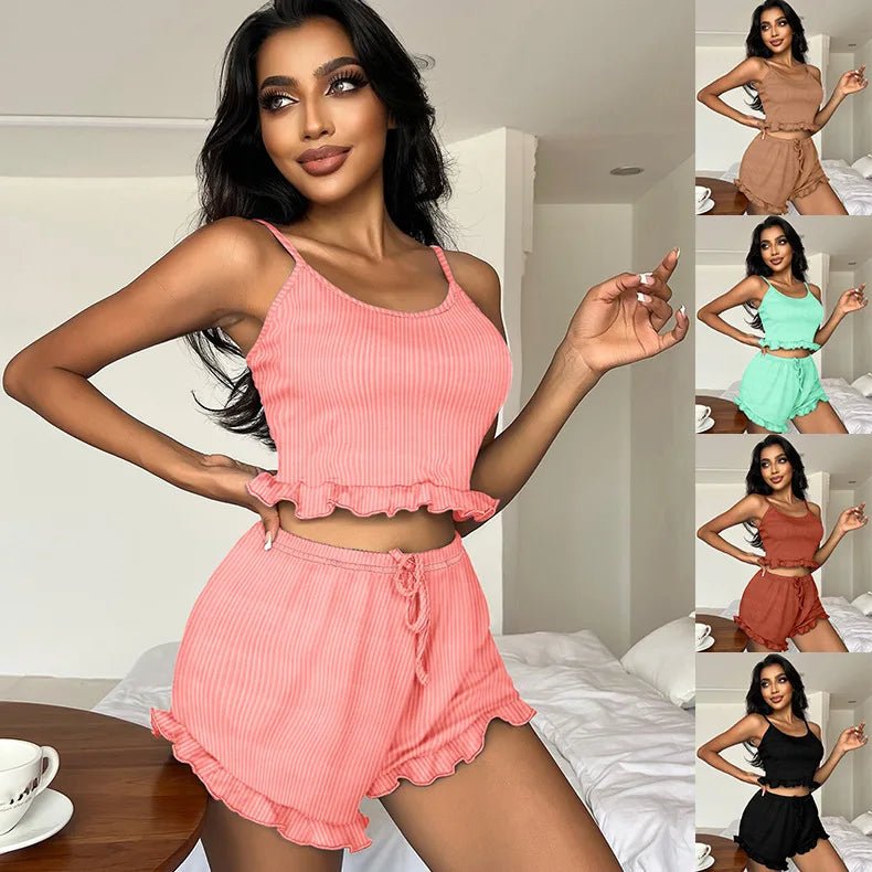 European American Style Women's Sexy Ribbed Backless Cross - Strap Breathable Summer Camisole Fashion Shorts Set Women's Pajamas - Zeprah