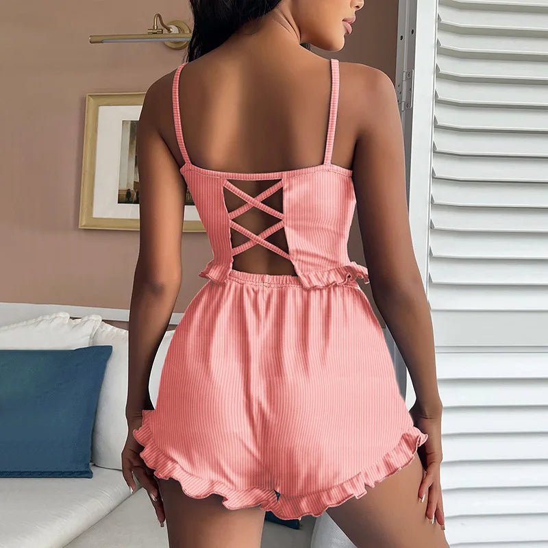 European American Style Women's Sexy Ribbed Backless Cross - Strap Breathable Summer Camisole Fashion Shorts Set Women's Pajamas - Zeprah