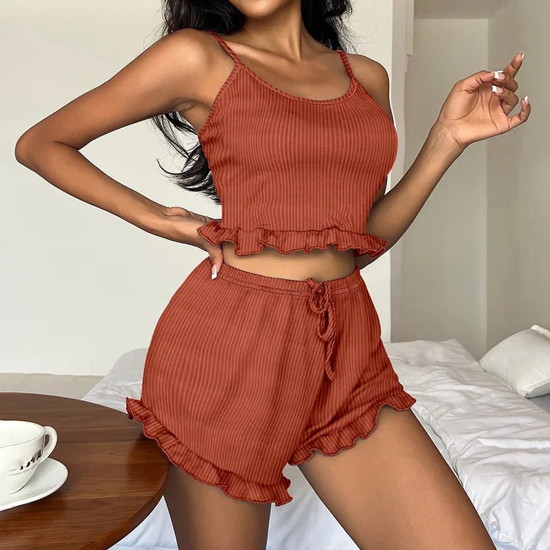 European American Style Women's Sexy Ribbed Backless Cross - Strap Breathable Summer Camisole Fashion Shorts Set Women's Pajamas - Zeprah