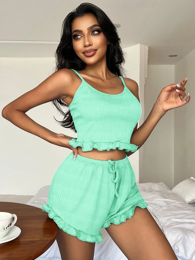 European American Style Women's Sexy Ribbed Backless Cross - Strap Breathable Summer Camisole Fashion Shorts Set Women's Pajamas - Zeprah