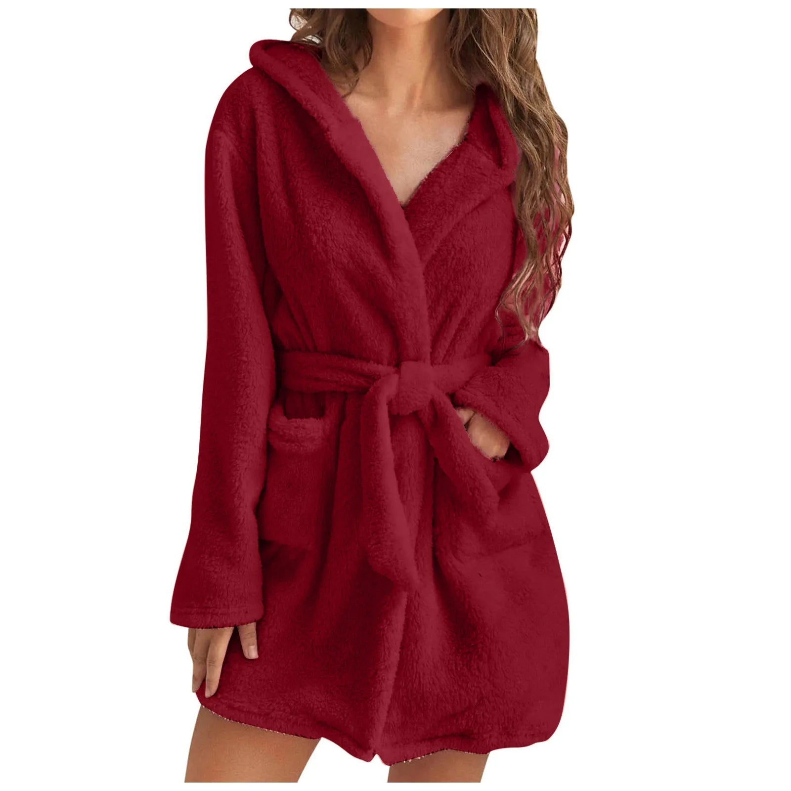European American Style Women's Winter Warm Breathable Elastic Waist Hooded Plush Bathrobe Loungewear Pajamas Nightgown - Zeprah