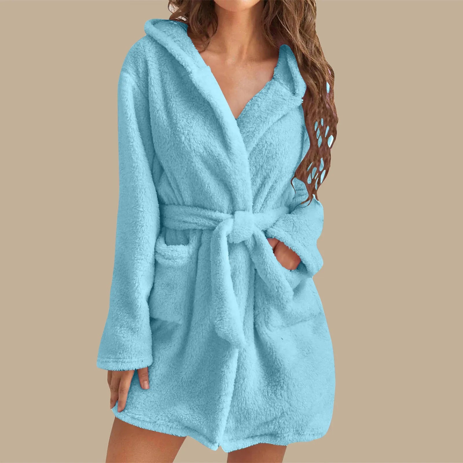 European American Style Women's Winter Warm Breathable Elastic Waist Hooded Plush Bathrobe Loungewear Pajamas Nightgown - Zeprah