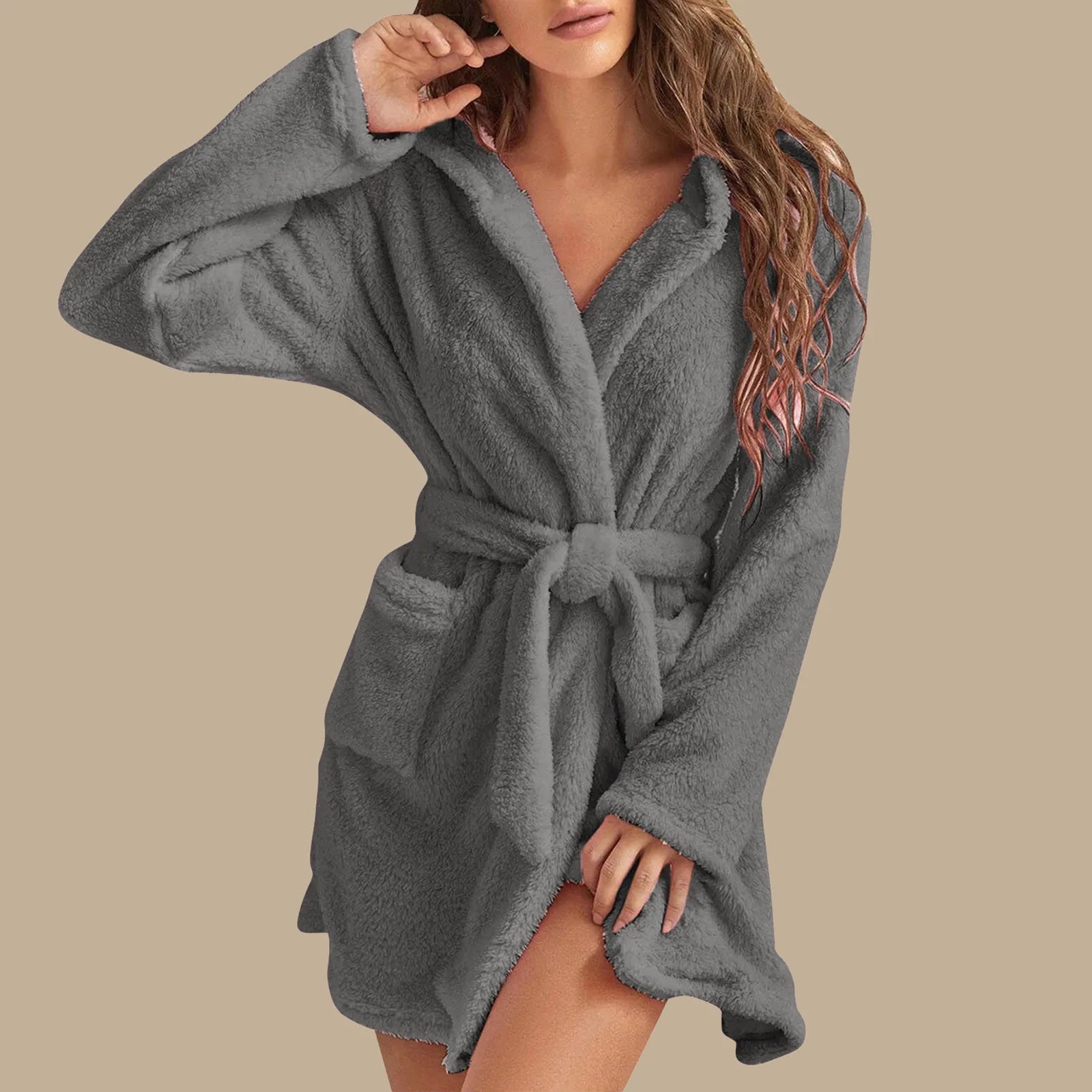 European American Style Women's Winter Warm Breathable Elastic Waist Hooded Plush Bathrobe Loungewear Pajamas Nightgown - Zeprah