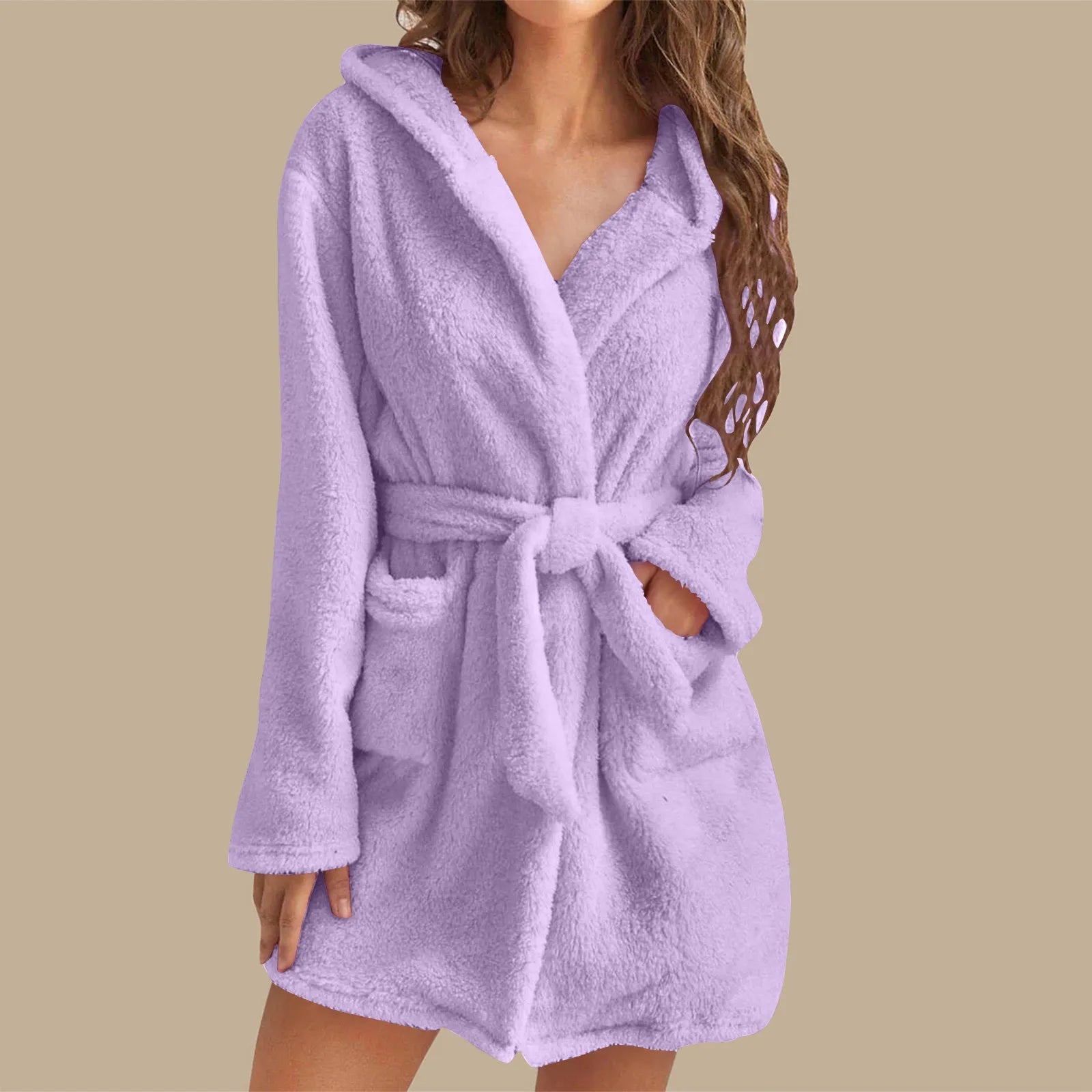 European American Style Women's Winter Warm Breathable Elastic Waist Hooded Plush Bathrobe Loungewear Pajamas Nightgown - Zeprah