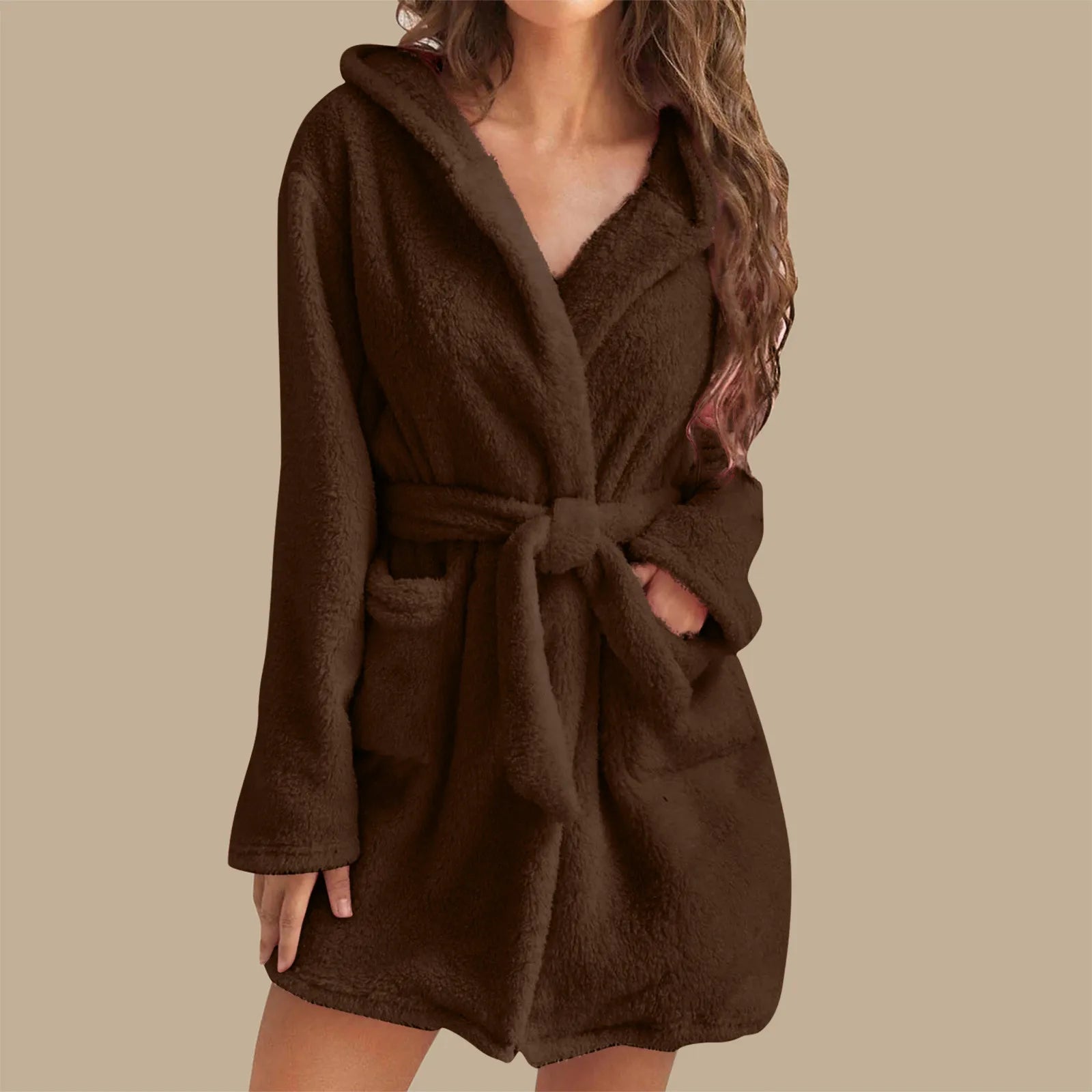 European American Style Women's Winter Warm Breathable Elastic Waist Hooded Plush Bathrobe Loungewear Pajamas Nightgown - Zeprah