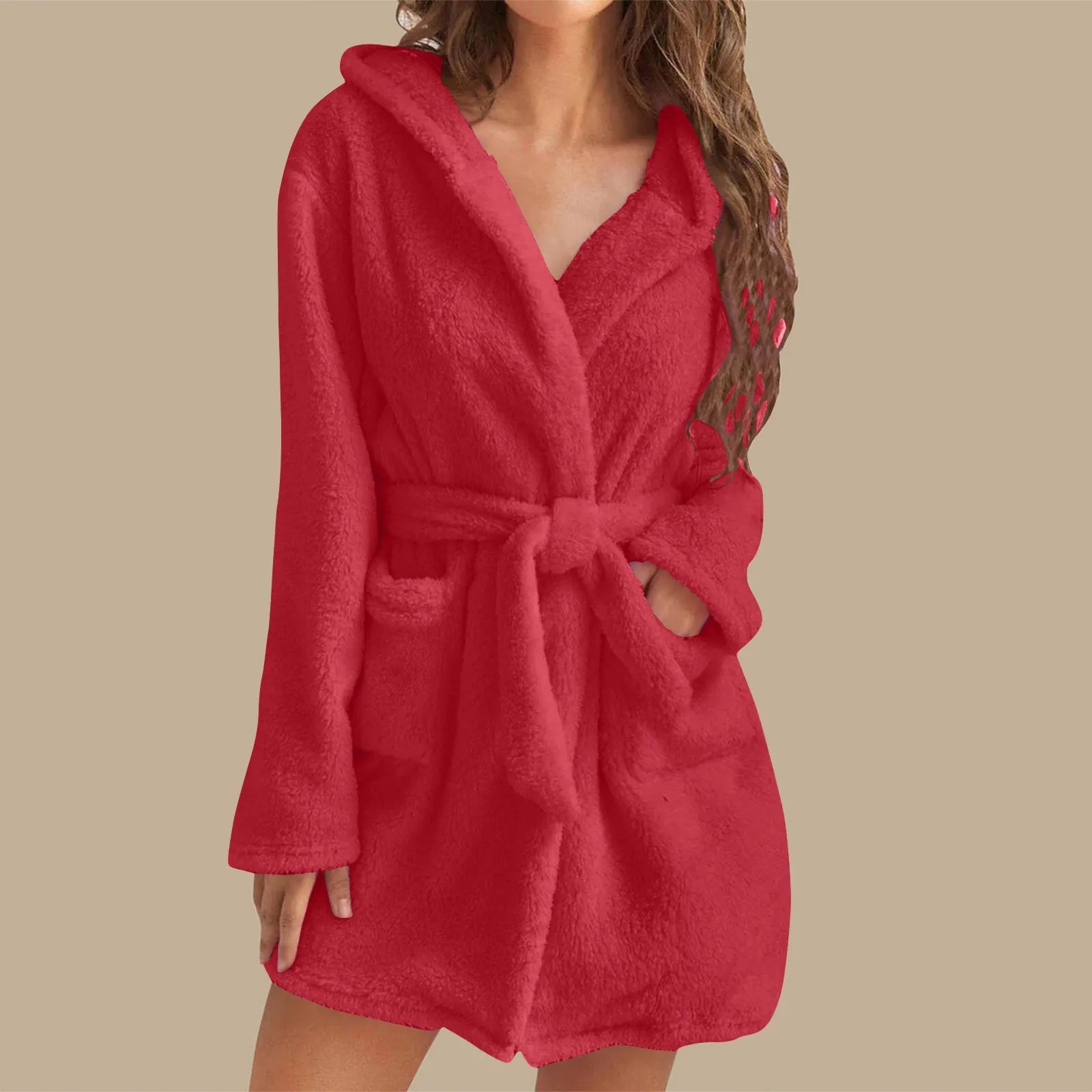 European American Style Women's Winter Warm Breathable Elastic Waist Hooded Plush Bathrobe Loungewear Pajamas Nightgown - Zeprah