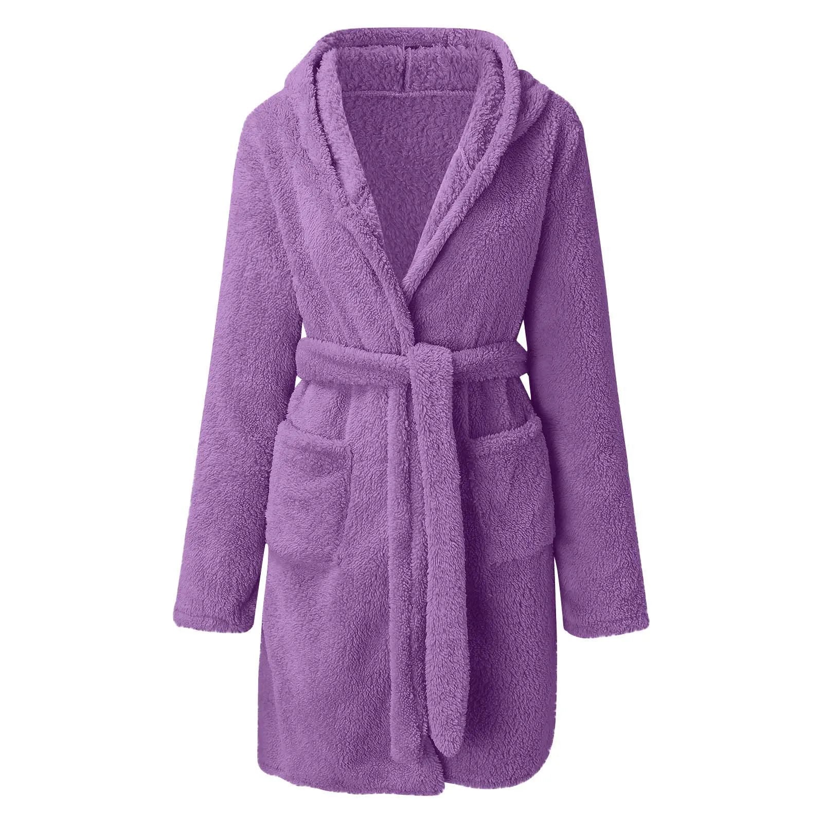 European American Style Women's Winter Warm Breathable Elastic Waist Hooded Plush Bathrobe Loungewear Pajamas Nightgown - Zeprah