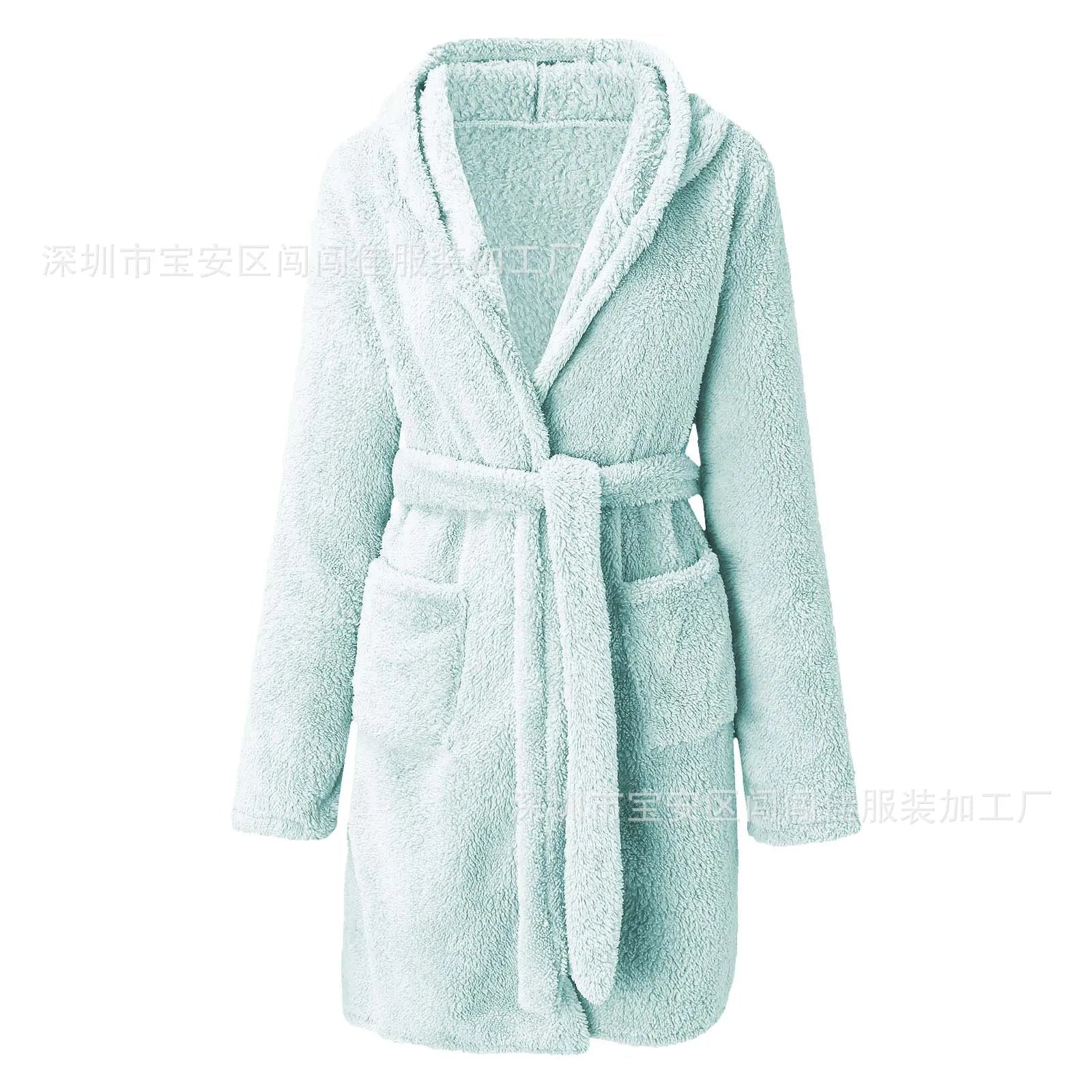 European American Style Women's Winter Warm Breathable Elastic Waist Hooded Plush Bathrobe Loungewear Pajamas Nightgown - Zeprah
