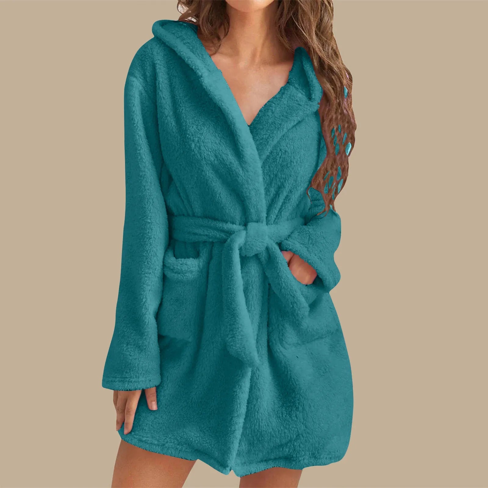 European American Style Women's Winter Warm Breathable Elastic Waist Hooded Plush Bathrobe Loungewear Pajamas Nightgown - Zeprah