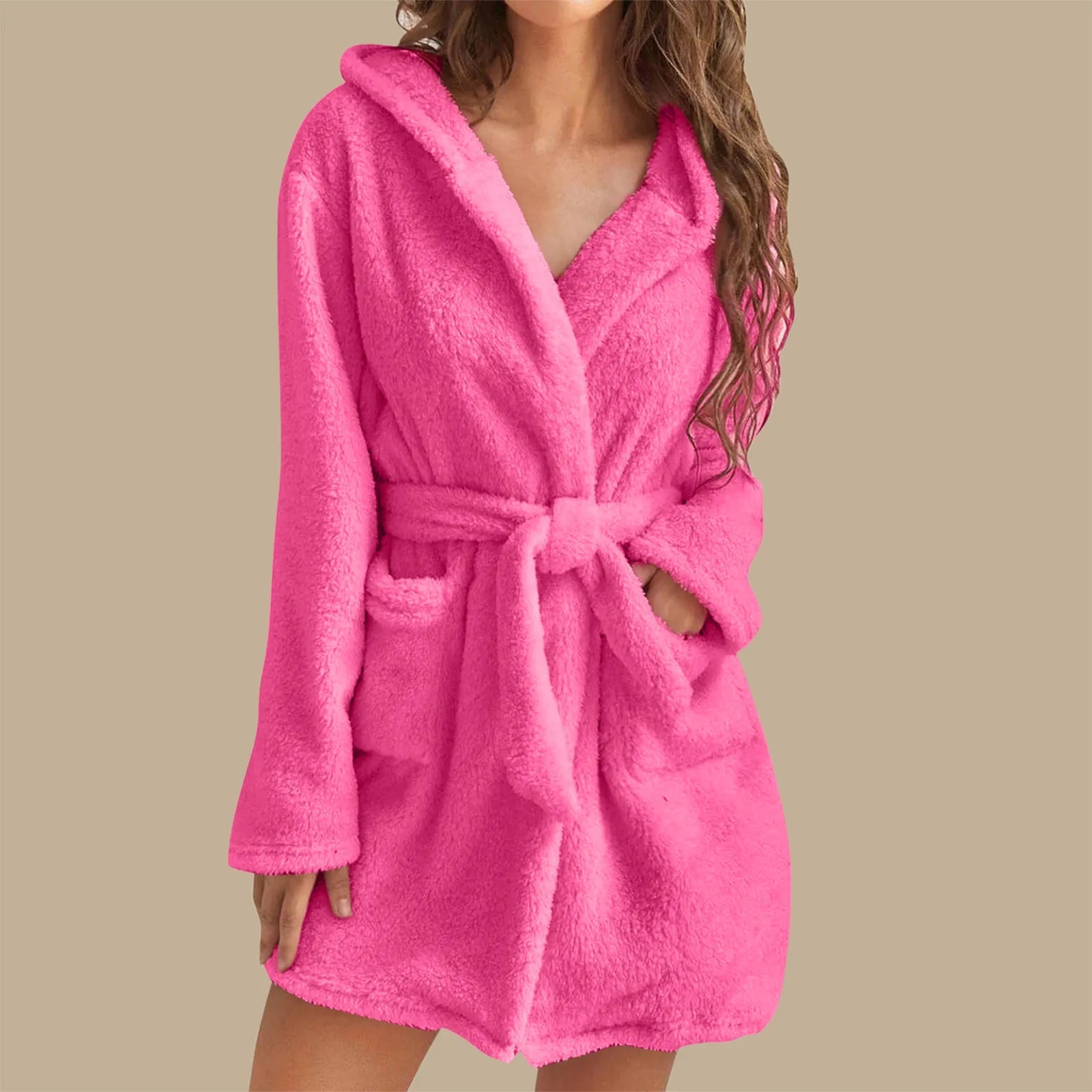 European American Style Women's Winter Warm Breathable Elastic Waist Hooded Plush Bathrobe Loungewear Pajamas Nightgown - Zeprah