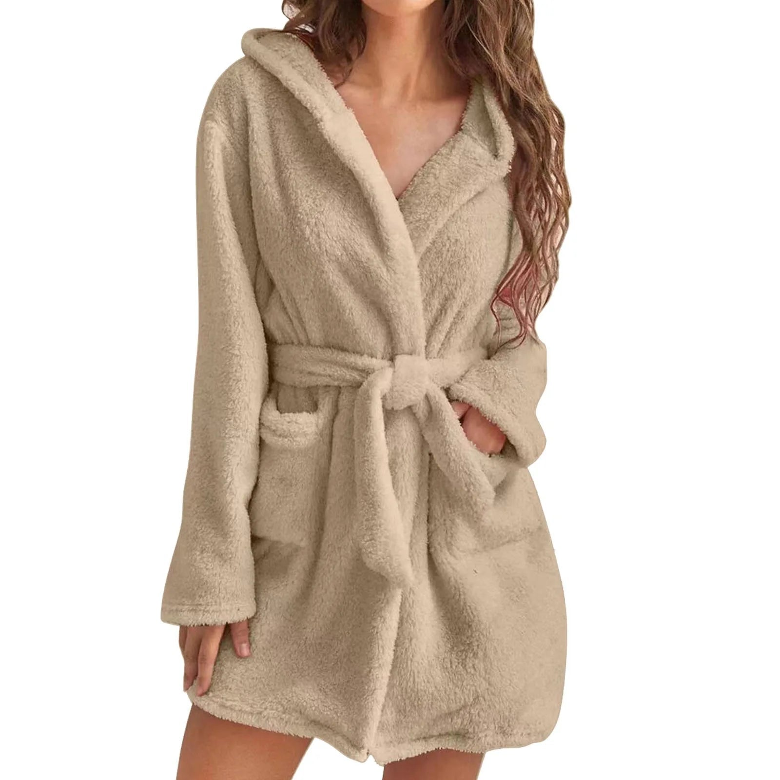 European American Style Women's Winter Warm Breathable Elastic Waist Hooded Plush Bathrobe Loungewear Pajamas Nightgown - Zeprah