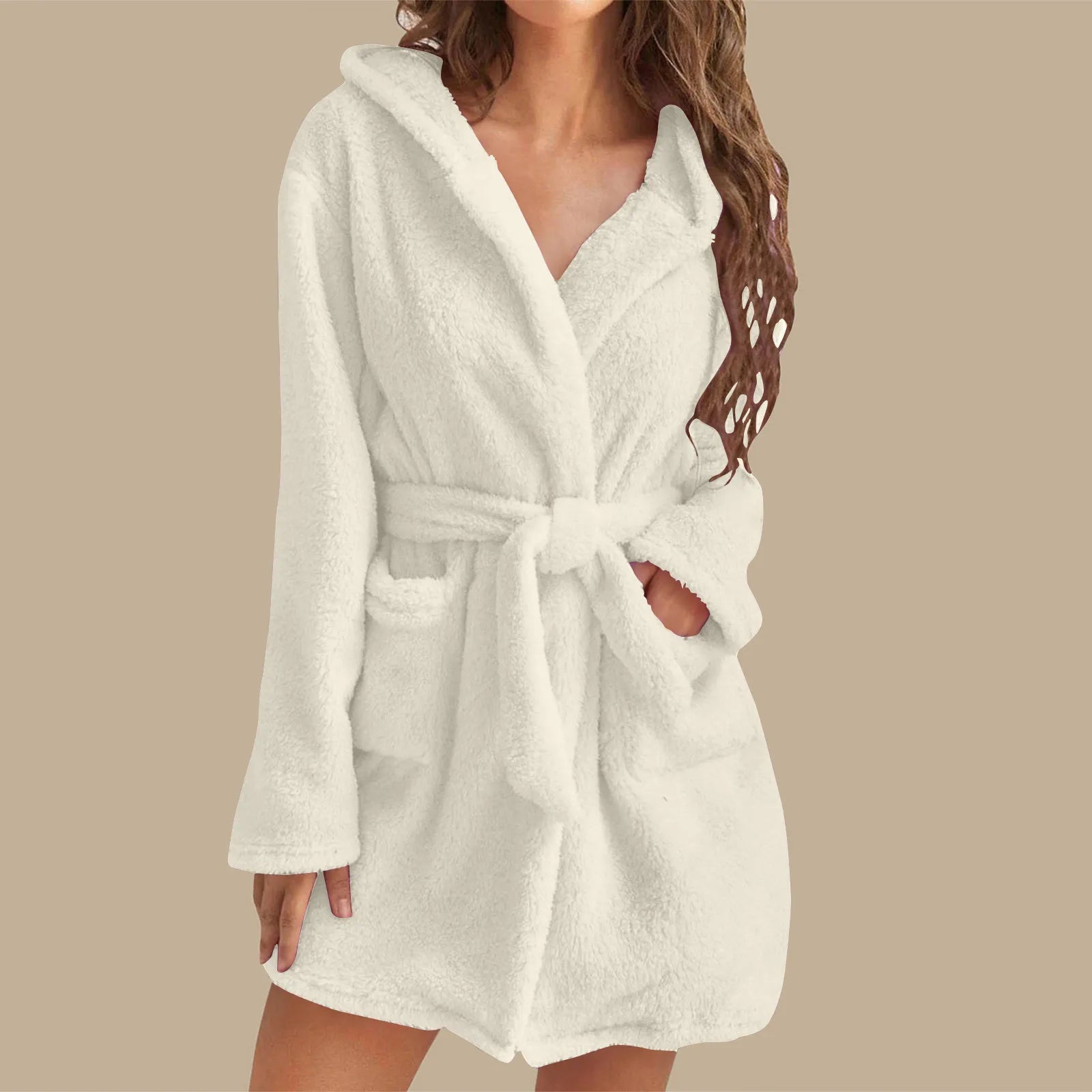 European American Style Women's Winter Warm Breathable Elastic Waist Hooded Plush Bathrobe Loungewear Pajamas Nightgown - Zeprah