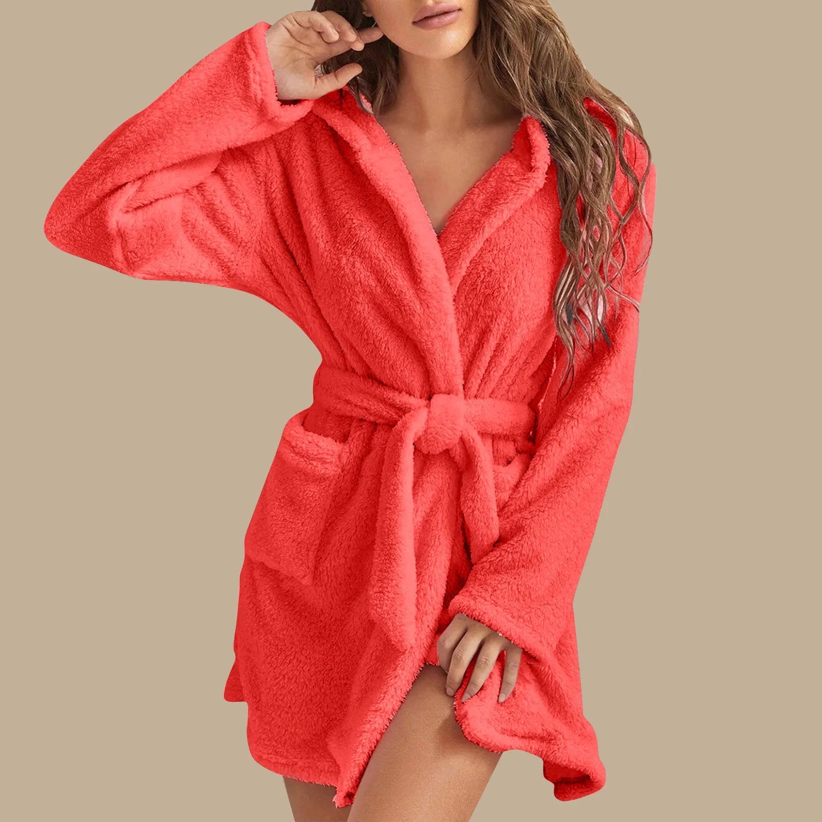 European American Style Women's Winter Warm Breathable Elastic Waist Hooded Plush Bathrobe Loungewear Pajamas Nightgown - Zeprah