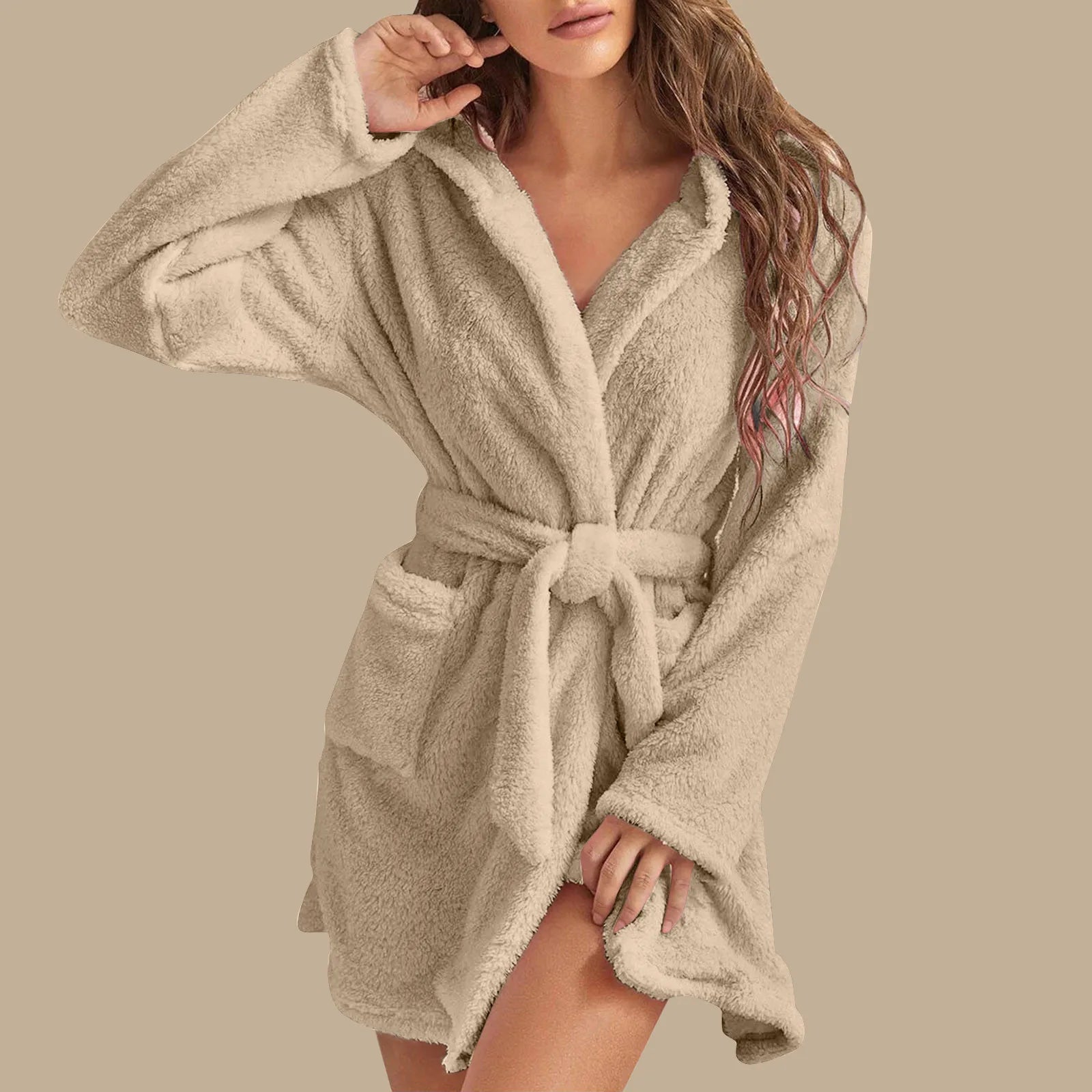 European American Style Women's Winter Warm Breathable Elastic Waist Hooded Plush Bathrobe Loungewear Pajamas Nightgown - Zeprah