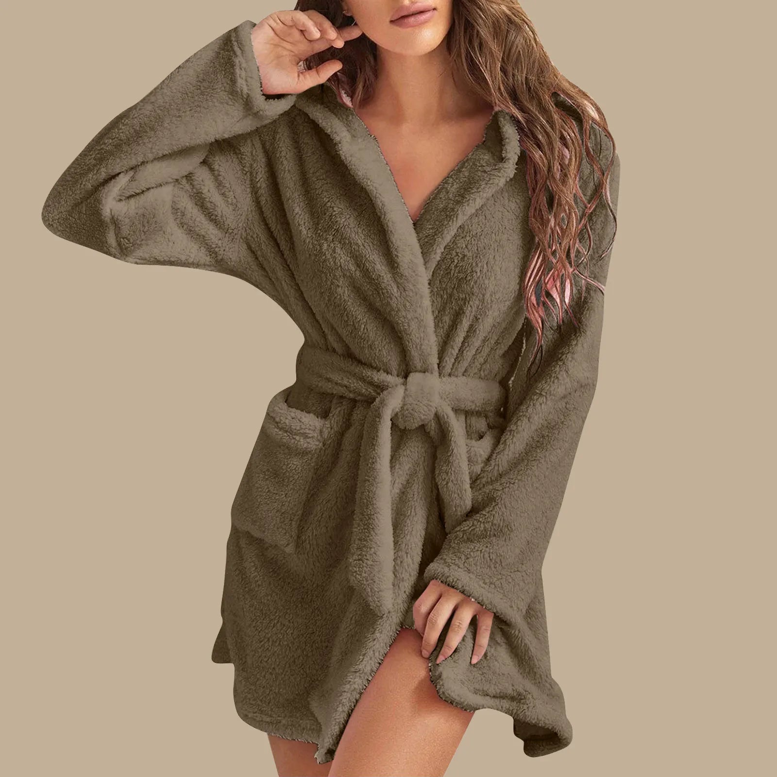 European American Style Women's Winter Warm Breathable Elastic Waist Hooded Plush Bathrobe Loungewear Pajamas Nightgown - Zeprah