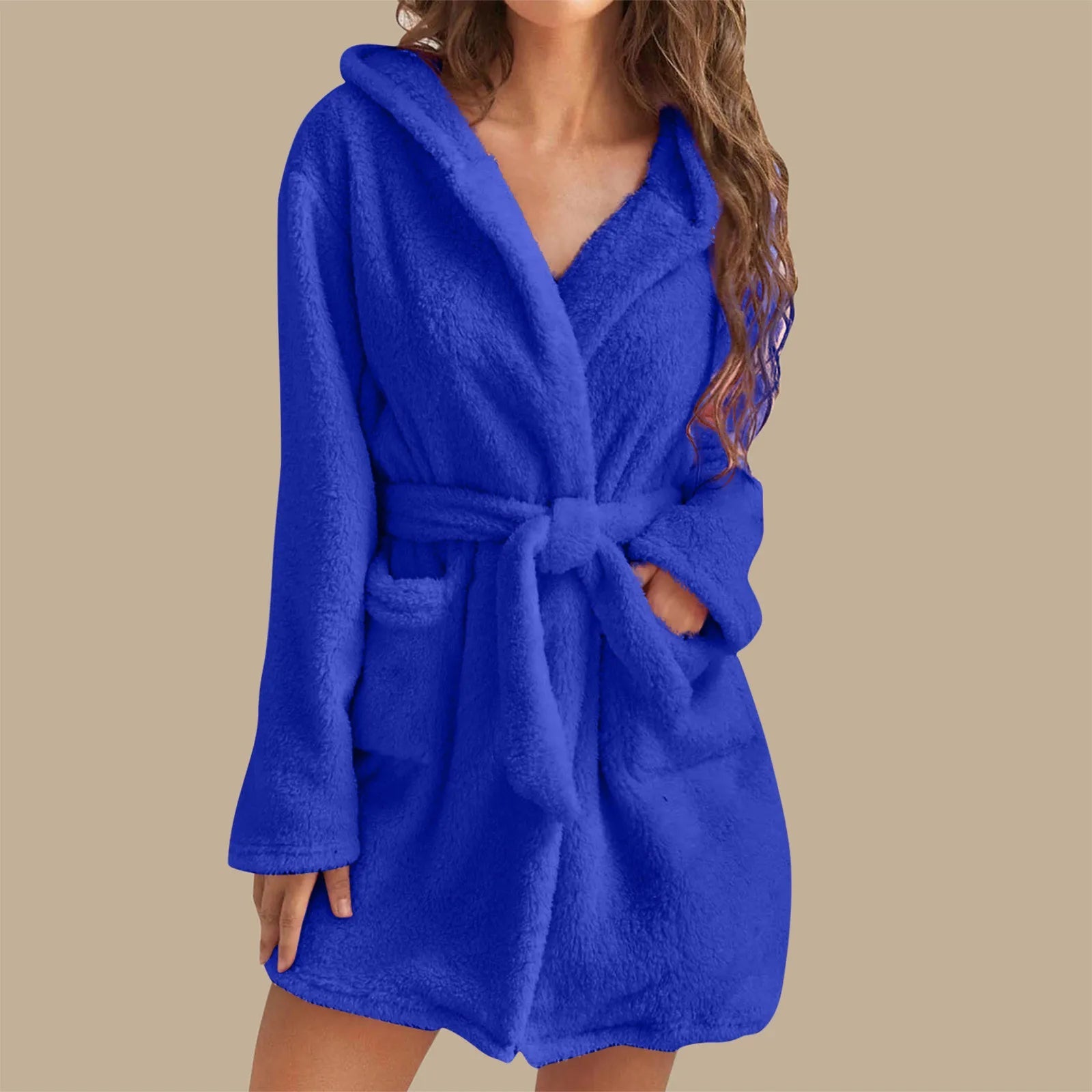 European American Style Women's Winter Warm Breathable Elastic Waist Hooded Plush Bathrobe Loungewear Pajamas Nightgown - Zeprah