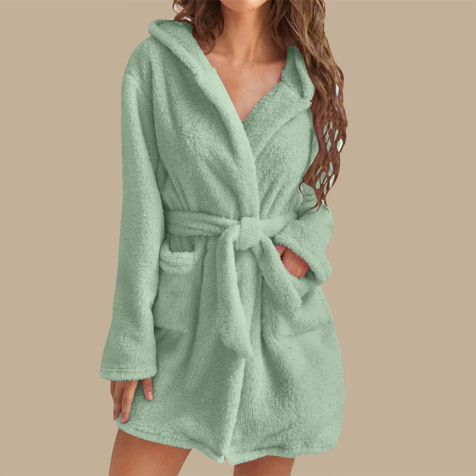 European American Style Women's Winter Warm Breathable Elastic Waist Hooded Plush Bathrobe Loungewear Pajamas Nightgown - Zeprah