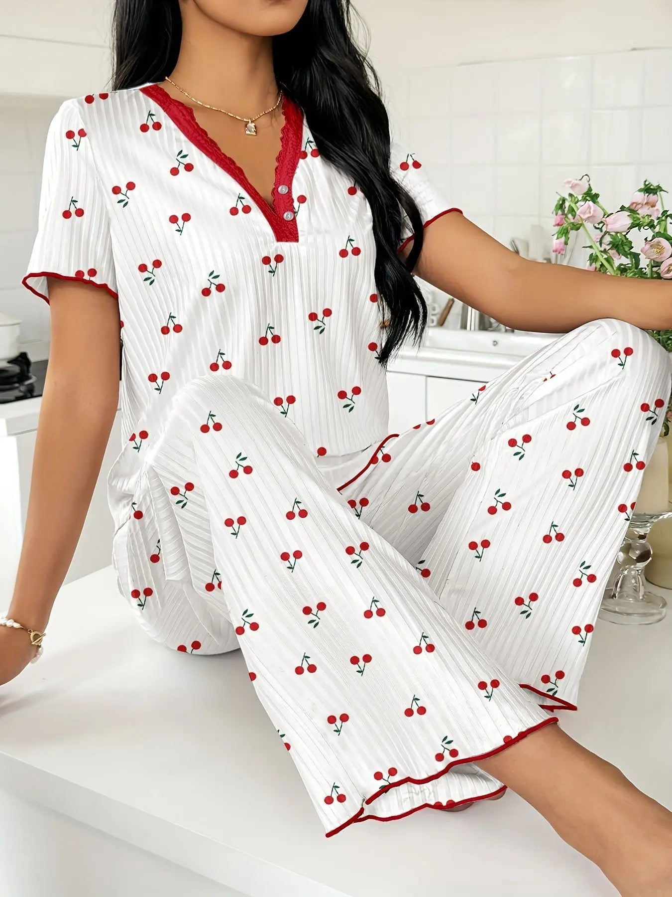 European American Summer Breathable Printed Short - Sleeved Long Pants Pajamas Women Comfortable Wide - Leg Elastic - Zeprah