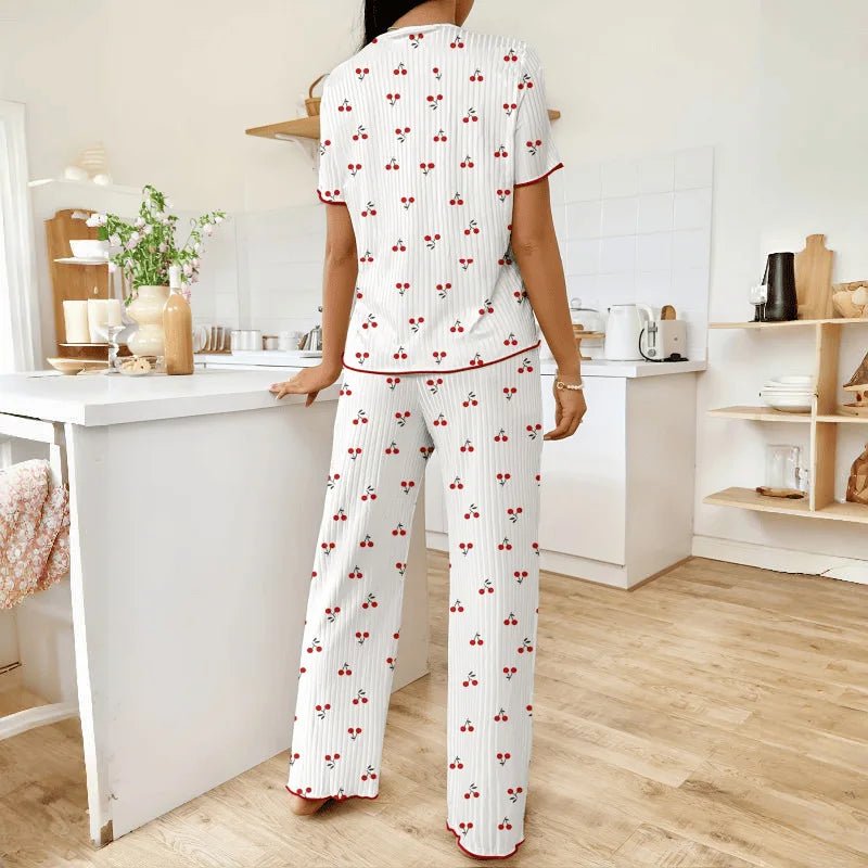 European American Summer Breathable Printed Short - Sleeved Long Pants Pajamas Women Comfortable Wide - Leg Elastic - Zeprah