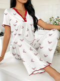 European American Summer Breathable Printed Short - Sleeved Long Pants Pajamas Women Comfortable Wide - Leg Elastic - Zeprah
