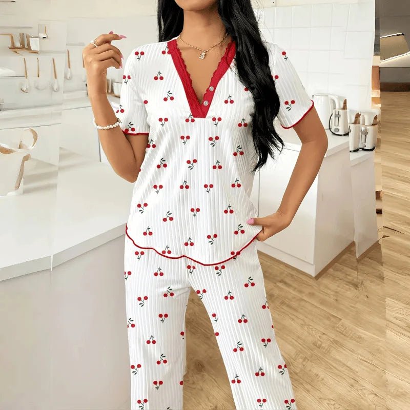 European American Summer Breathable Printed Short - Sleeved Long Pants Pajamas Women Comfortable Wide - Leg Elastic - Zeprah