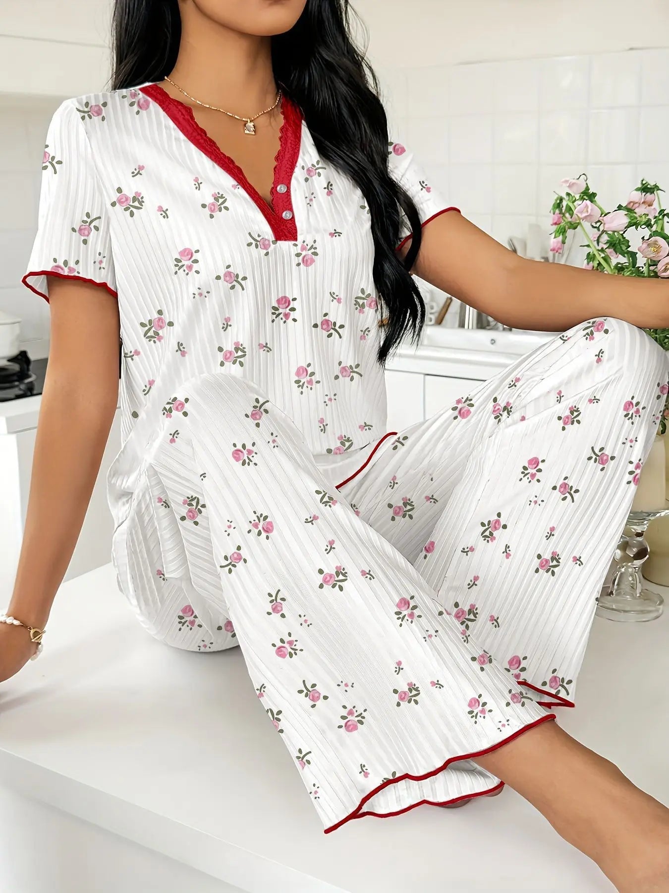 European American Summer Breathable Printed Short - Sleeved Long Pants Pajamas Women Comfortable Wide - Leg Elastic - Zeprah