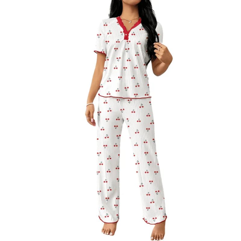 European American Summer Breathable Printed Short - Sleeved Long Pants Pajamas Women Comfortable Wide - Leg Elastic - Zeprah