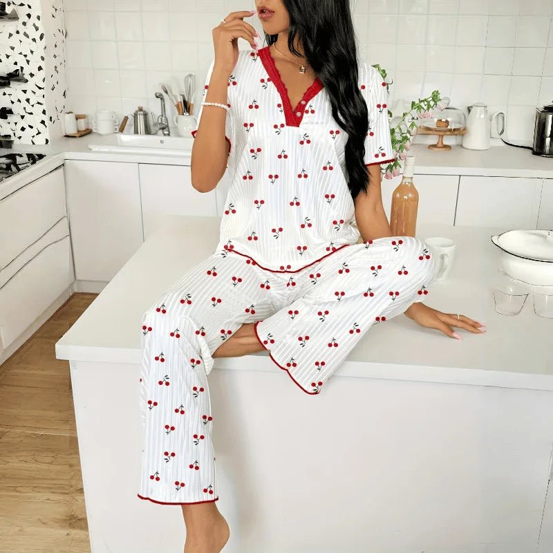 European American Summer Breathable Printed Short - Sleeved Long Pants Pajamas Women Comfortable Wide - Leg Elastic - Zeprah