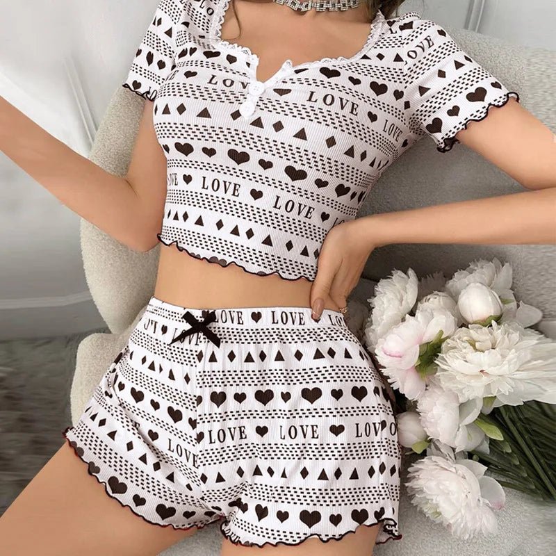 European American Summer New Knitted Ribbed Short - Sleeved Pajamas Loungewear Set Elastic Waist Lace Fabric - Zeprah