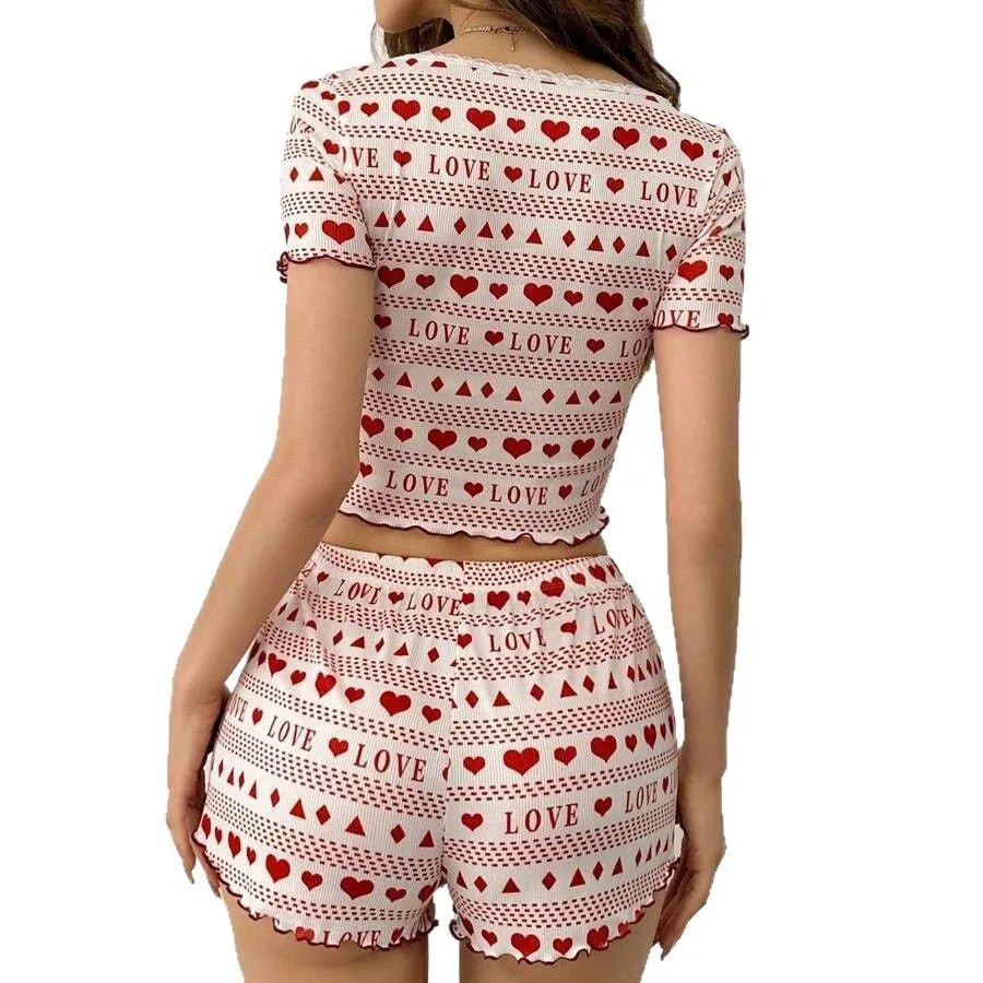 European American Summer New Knitted Ribbed Short - Sleeved Pajamas Loungewear Set Elastic Waist Lace Fabric - Zeprah
