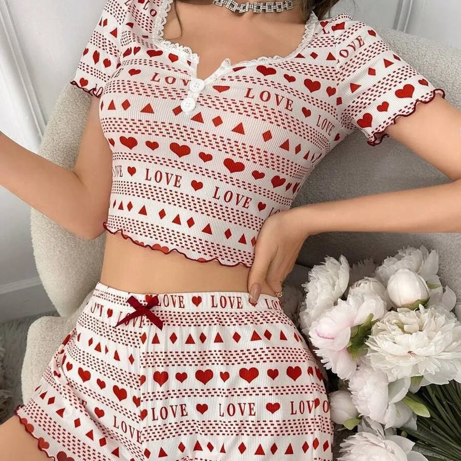 European American Summer New Knitted Ribbed Short - Sleeved Pajamas Loungewear Set Elastic Waist Lace Fabric - Zeprah