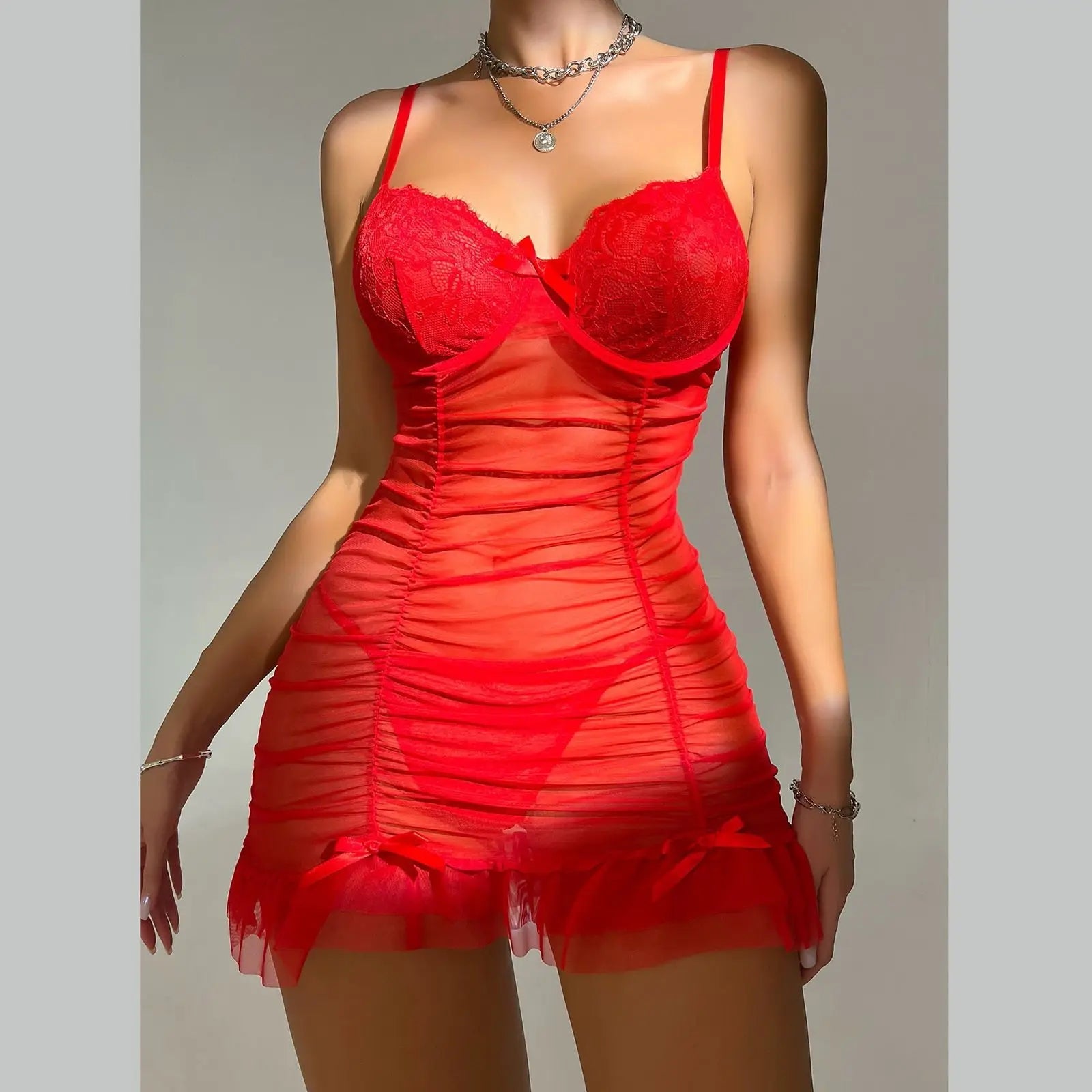 European American Summer New Sexy Polyester Lingerie Nightclub See - through Ruched Camisole Dress Thong Lace Temptation - Zeprah