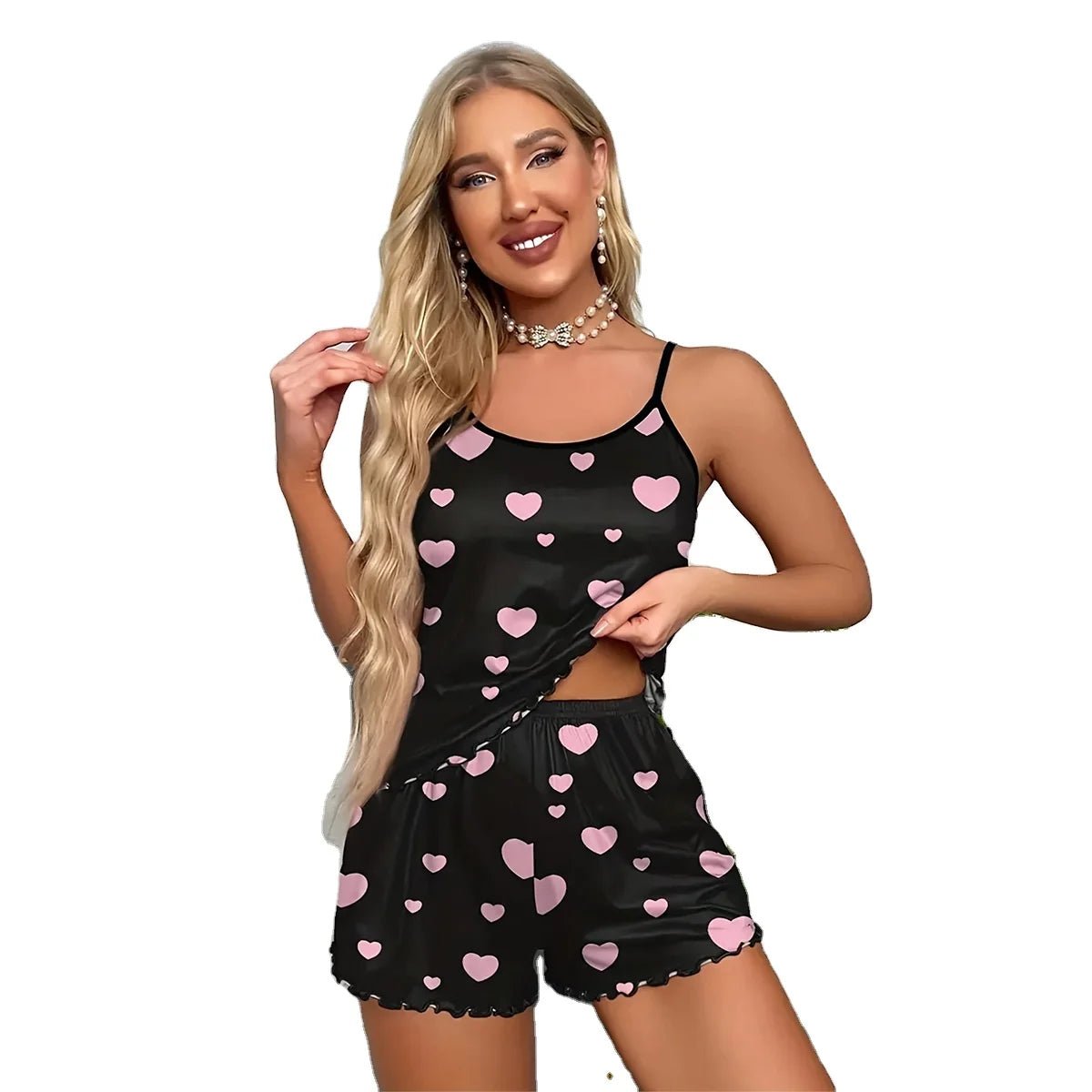 European American Summer Pajamas for Women Sexy Suspender Shorts Elastic Waist Front Casual Home Wear Heart - Shaped - Zeprah