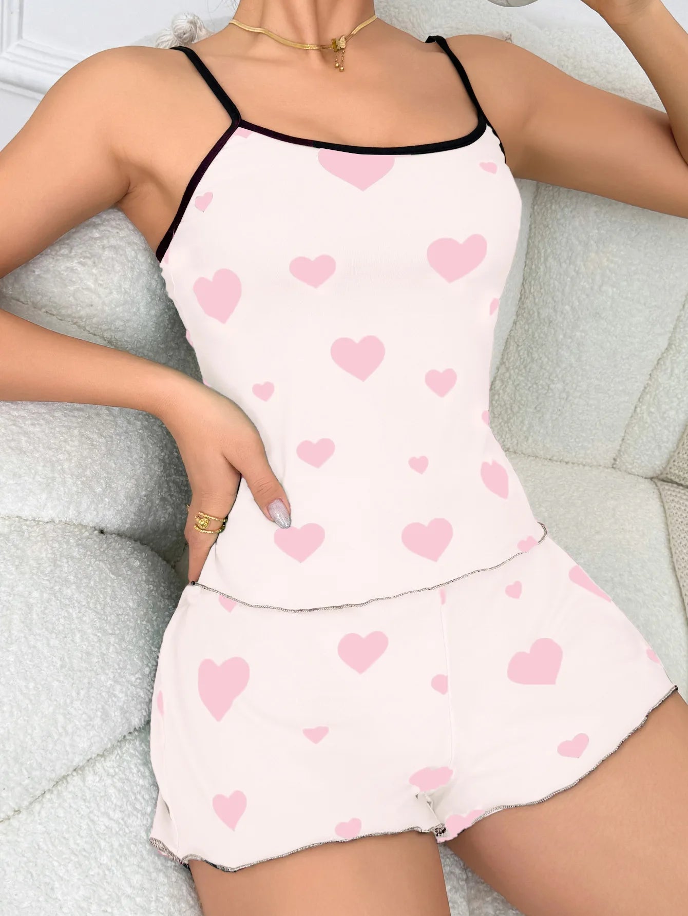 European American Summer Sexy Camisole Nightdress Ruffled Shorts Women's Casual Homewear Heart Set Elastic Waist Closure Front - Zeprah