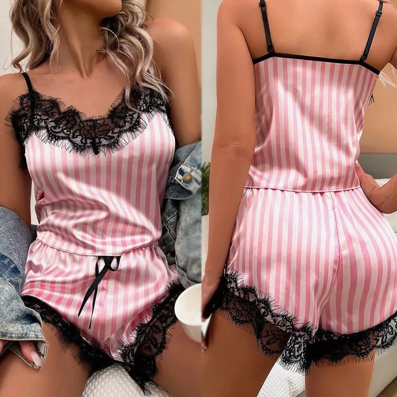 European American Summer Sexy Lingerie Spaghetti Strap Pink Striped Satin Silk Lace Elastic Waist - Zeprah
